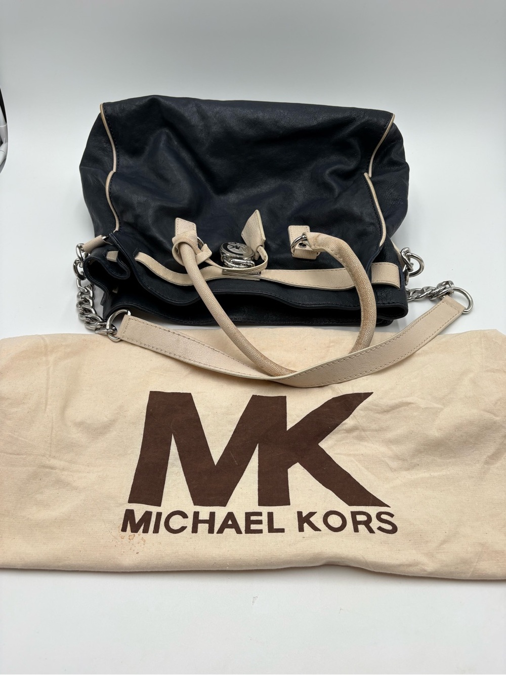 Michael Kors Navy Blue & Beige Leather Shoulder Satchel Handbag Purse - Picture 2 of 15